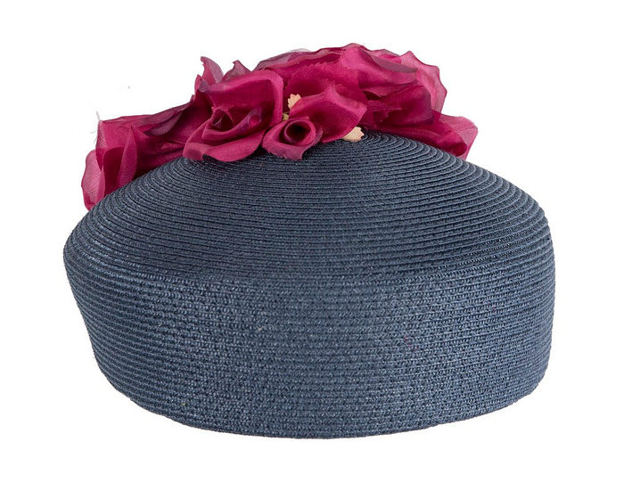 Modern navy beret hat with fuchsia flowers by Max Alexander - Hats From OZ