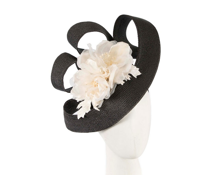 Large black & cream fascinator with flower by Fillies Collection - Hats From OZ