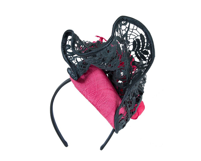 Fuchsia & navy lace covered pillbox fascinator - Hats From OZ