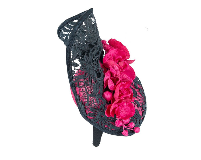 Fuchsia & navy lace covered pillbox fascinator - Hats From OZ