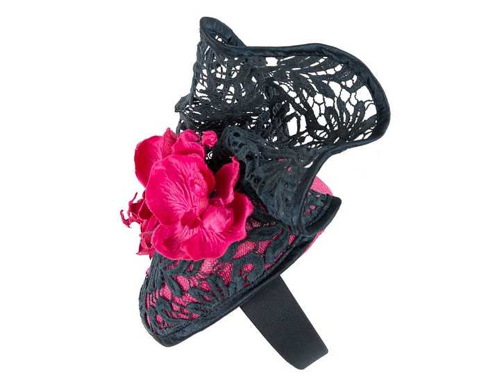 Fuchsia & navy lace covered pillbox fascinator - Hats From OZ