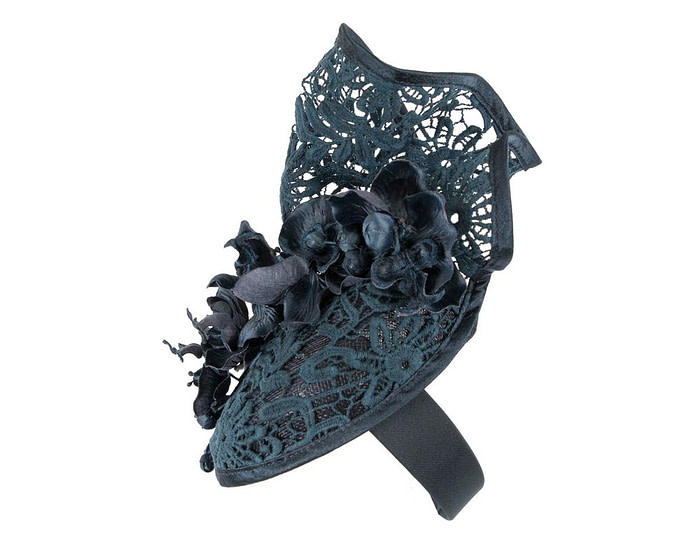 Navy lace covered pillbox fascinator - Hats From OZ