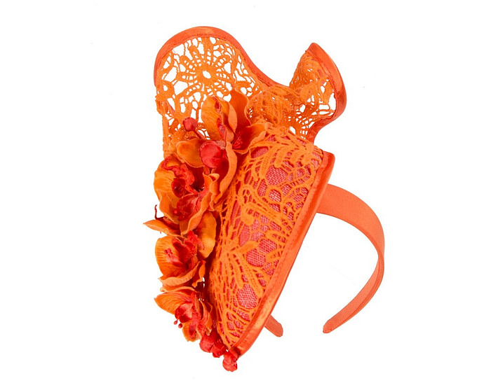 Orange lace covered pillbox fascinator - Hats From OZ