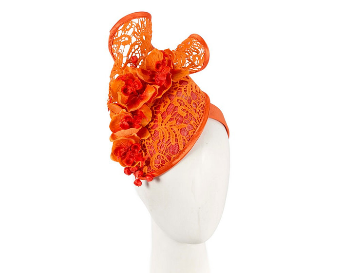 Orange lace covered pillbox fascinator - Hats From OZ