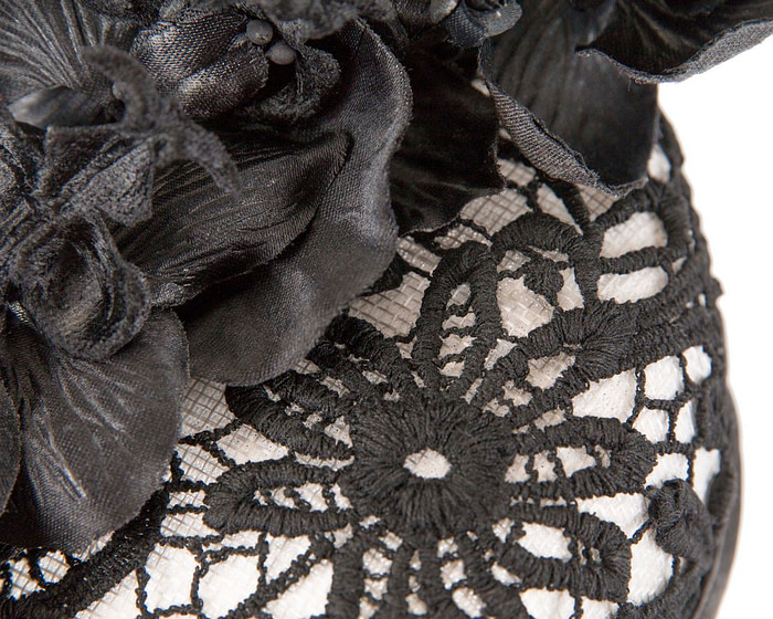 White & black lace covered pillbox fascinator - Hats From OZ