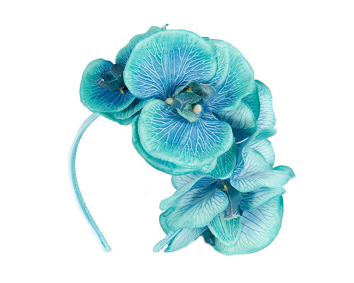 Bespoke aqua orchid flower headband by Fillies Collection - Image 4