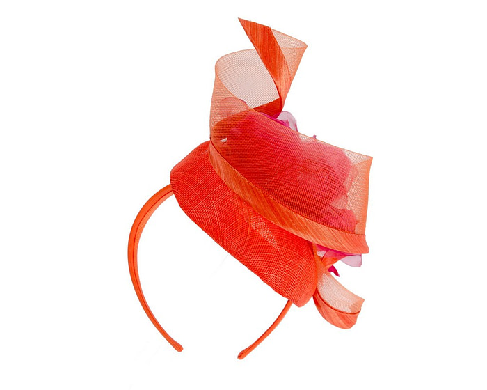 Orange pillbox fascinator with fuchsia flower by Fillies Collection - Hats From OZ