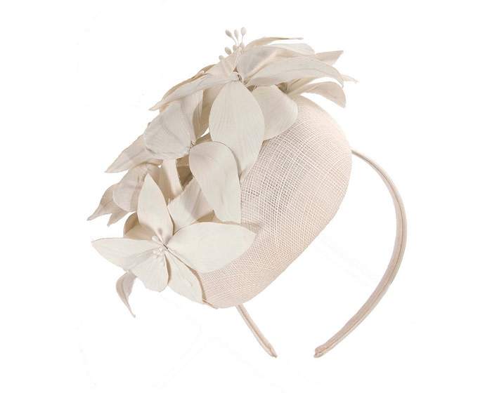 Cream pillbox with leather flowers by Fillies Collection - Hats From OZ