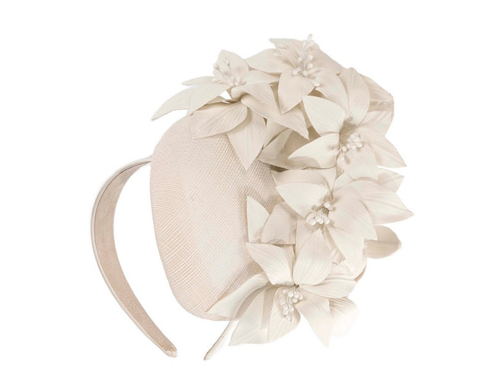 Cream pillbox with leather flowers by Fillies Collection - Hats From OZ