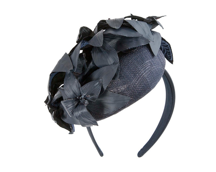 Navy pillbox with leather flowers by Fillies Collection - Hats From OZ