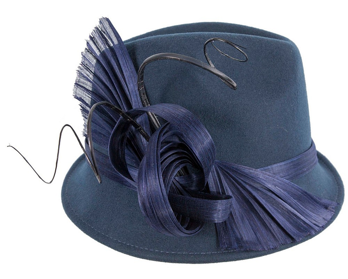 Navy ladies winter fashion felt fedora hat by Fillies Collection F686 - Hats From OZ