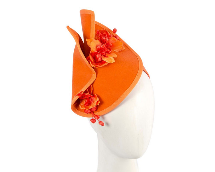 Orange winter felt fascinator with orchid - Hats From OZ