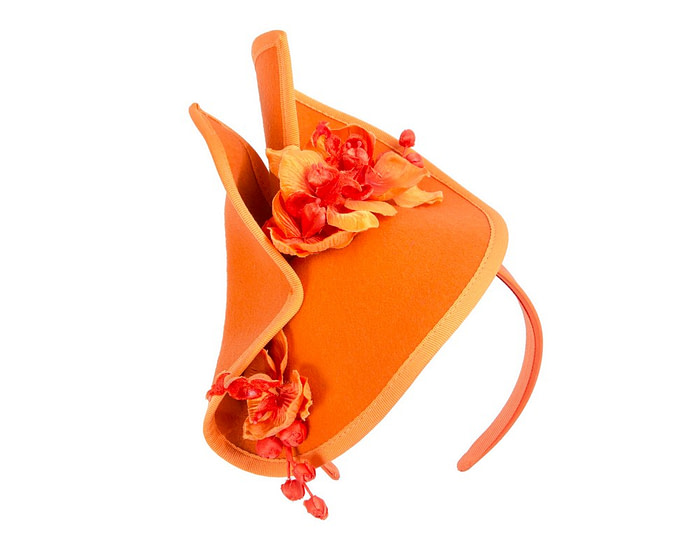 Orange winter felt fascinator with orchid - Hats From OZ