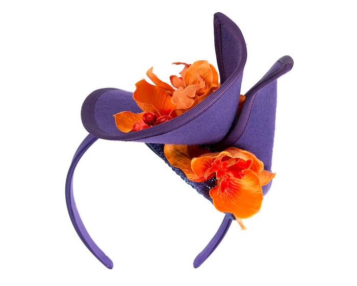 Purple and orange winter felt fascinator with orchid - Hats From OZ