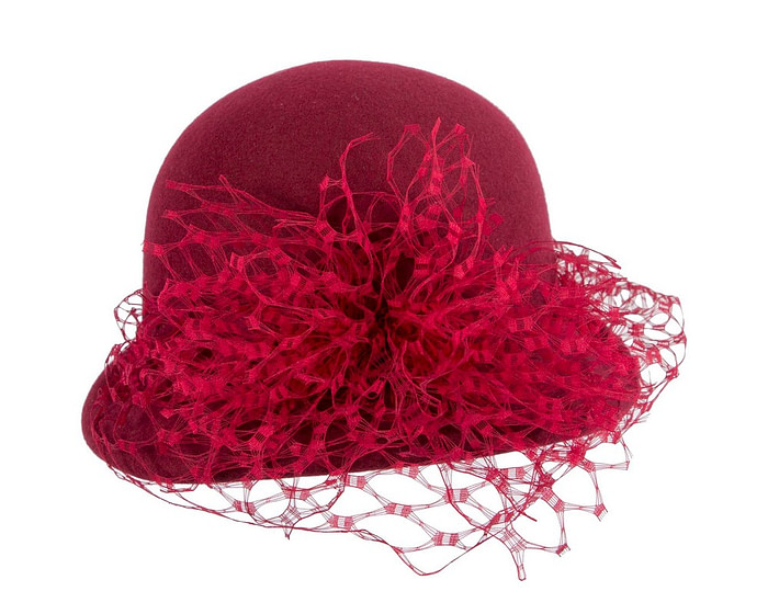 Burgundy wine winter felt cloche hat with face veil - Hats From OZ