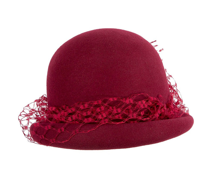 Burgundy wine winter felt cloche hat with face veil - Image 3