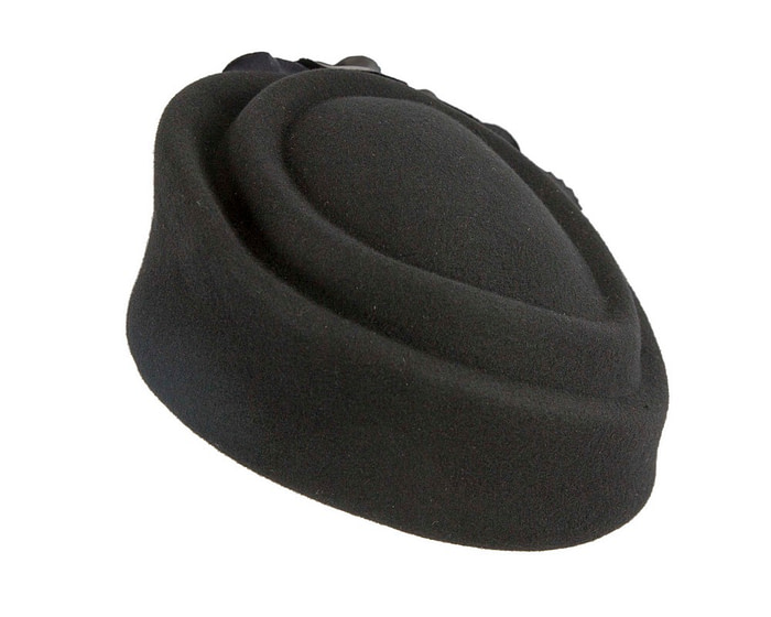 Large black felt beret with leather flower - Hats From OZ