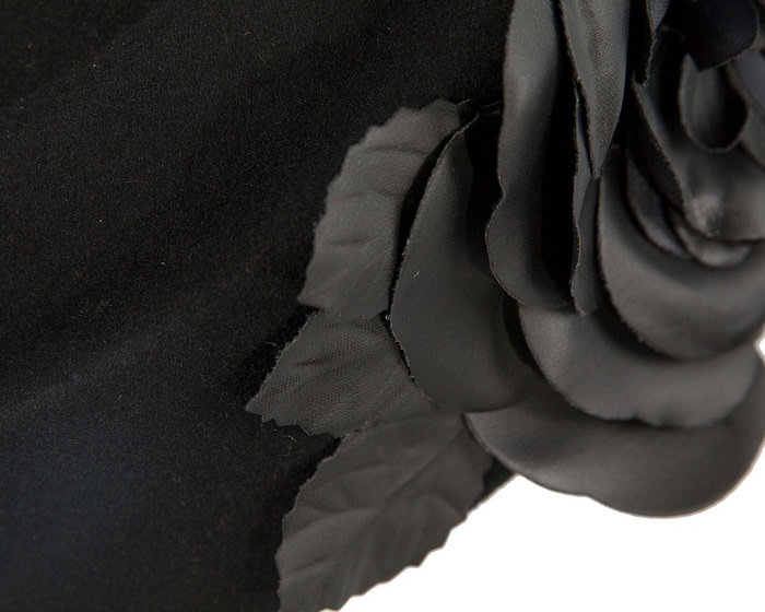 Large black felt beret with leather flower - Hats From OZ