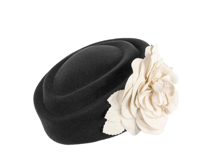 Large black & cream felt beret with leather flower - Hats From OZ