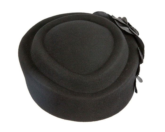 Large black felt beret with leather flower - Hats From OZ