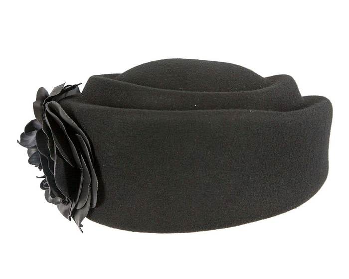 Large black felt beret with leather flower - Hats From OZ