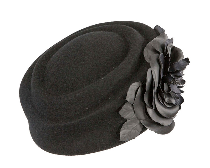 Large black felt beret with leather flower - Hats From OZ