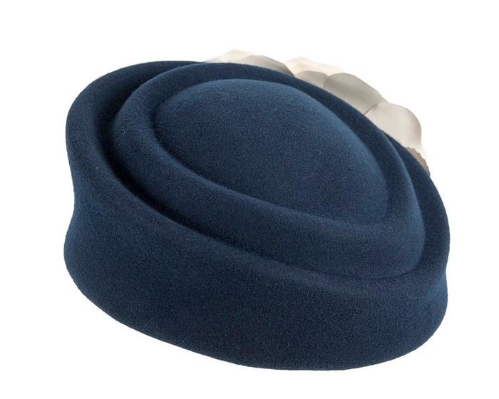 Large navy & cream felt beret with leather flower - Hats From OZ