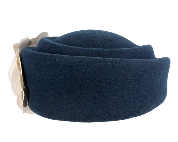 Large navy & cream felt beret with leather flower - Hats From OZ