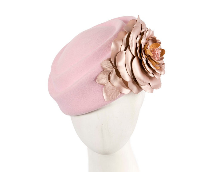 Large pink felt beret with leather flower - Hats From OZ