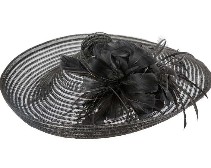 Large black fascinator with feather flower - Hats From OZ