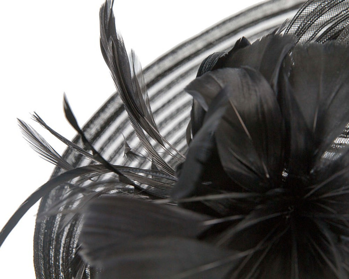 Large black fascinator with feather flower - Hats From OZ