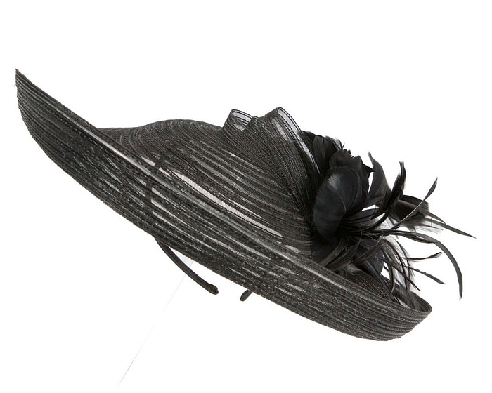 Large black fascinator with feather flower - Hats From OZ