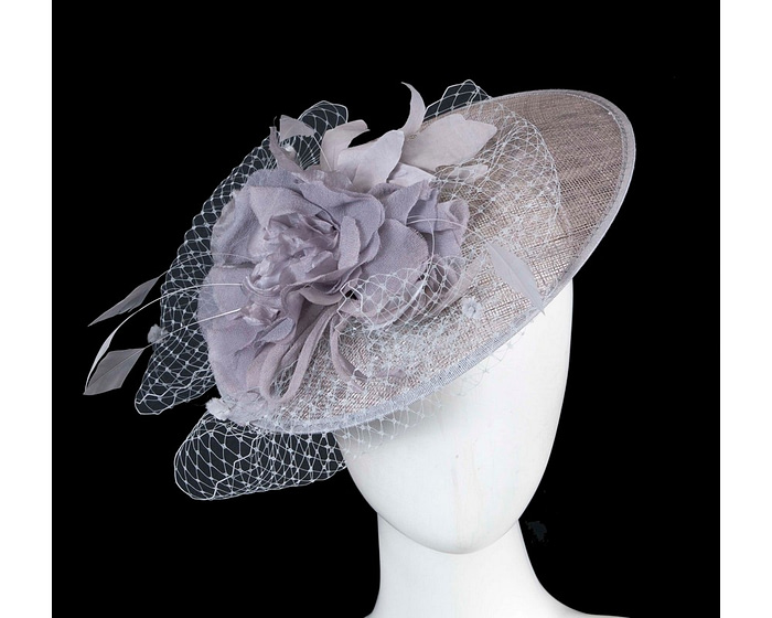 Silver sinamay fascinator with flower and veil - Hats From OZ