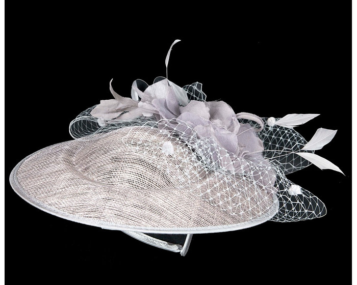 Silver sinamay fascinator with flower and veil - Hats From OZ