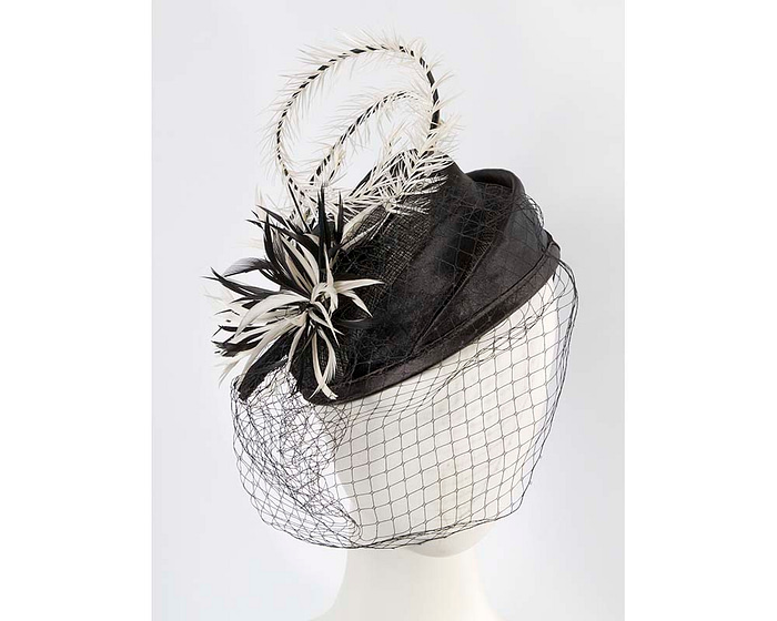 Black and Cream pillbox fascinator with face veil - Hats From OZ