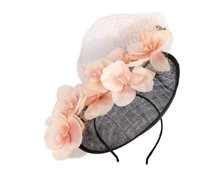 Black fascinator with peach flower - Hats From OZ