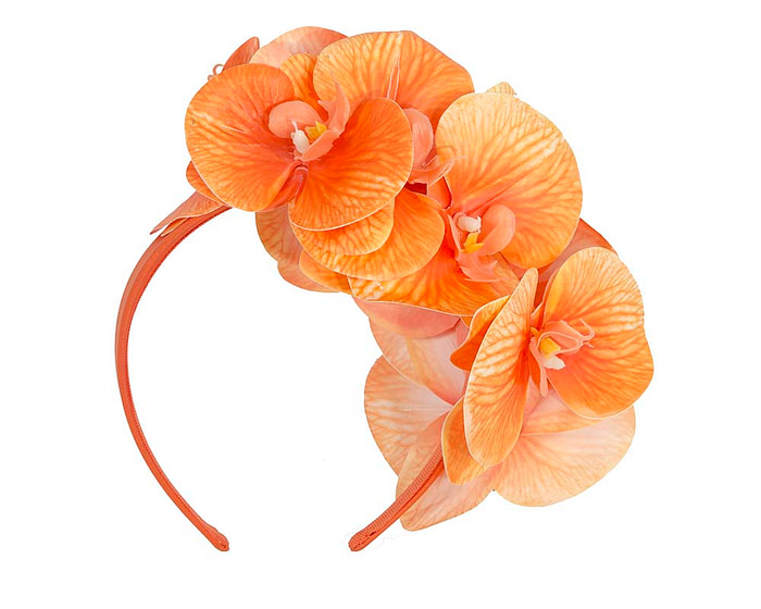 Bespoke orange orchid flower headband by Fillies Collection - Image 4