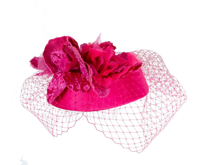 Custom made fuchsia pillbox hat with flowers & face veiling - Hats From OZ