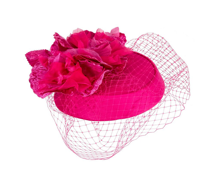 Custom made fuchsia pillbox hat with flowers & face veiling - Hats From OZ