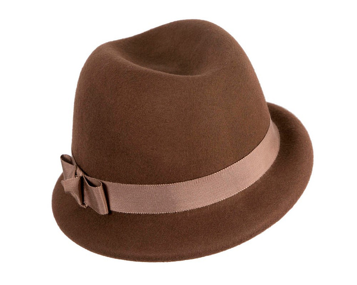 Chocolate brown short brim felt ladies fedora hat - Hats From OZ