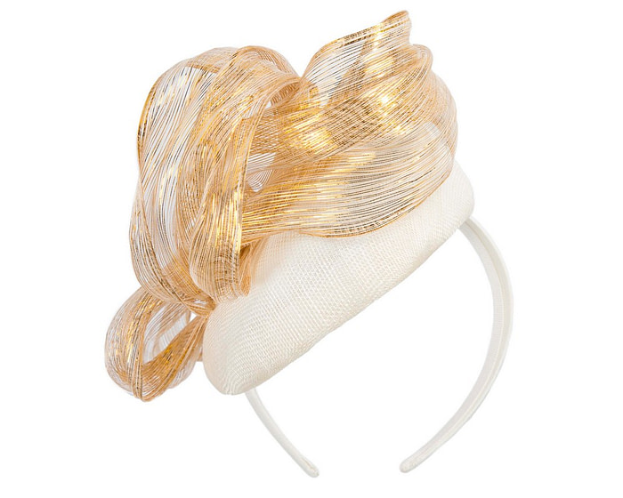 Cream pillbox fascinator with gold silk abaca bow by Fillies Collection - Hats From OZ