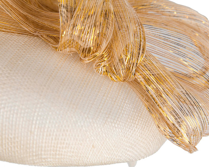 Cream pillbox fascinator with gold silk abaca bow by Fillies Collection - Hats From OZ