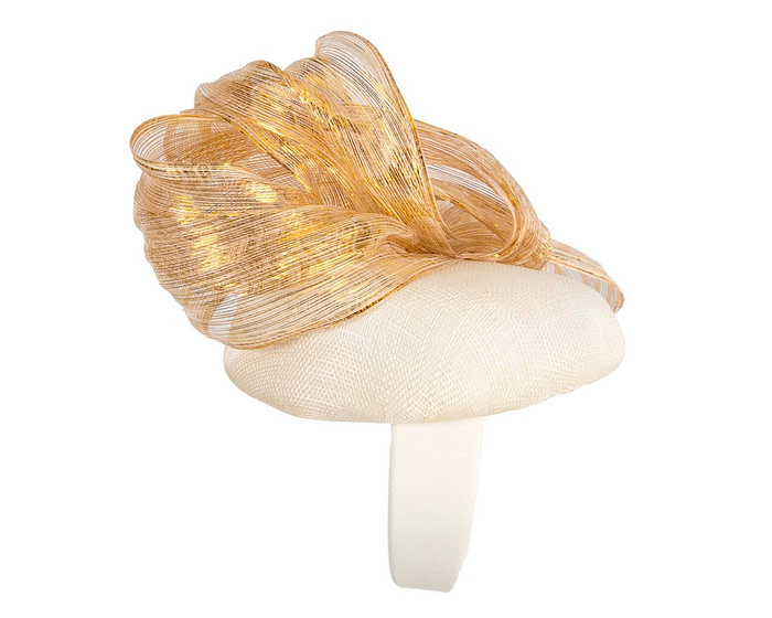 Cream pillbox fascinator with gold silk abaca bow by Fillies Collection - Hats From OZ