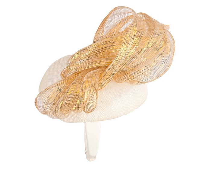 Cream pillbox fascinator with gold silk abaca bow by Fillies Collection - Hats From OZ