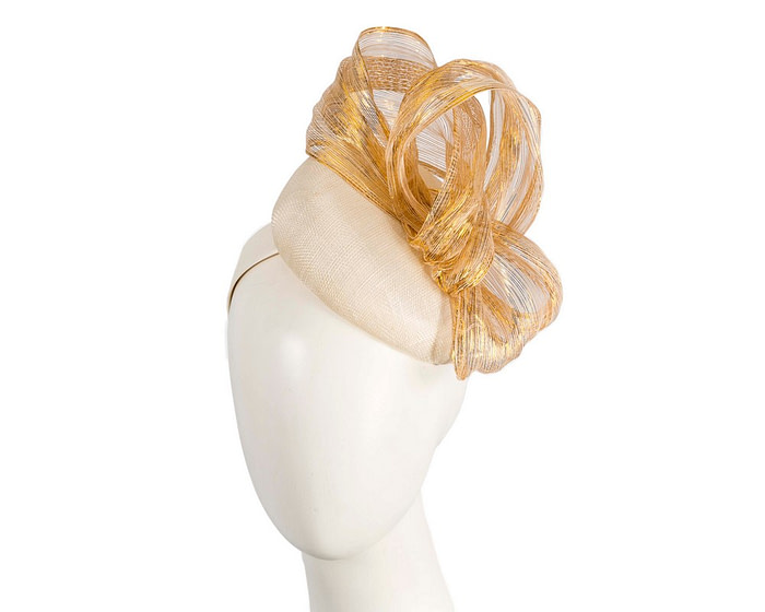 Cream pillbox fascinator with gold silk abaca bow by Fillies Collection - Hats From OZ