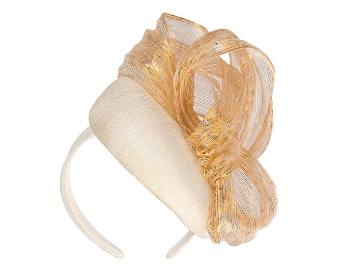 Cream pillbox fascinator with gold silk abaca bow by Fillies Collection - Hats From OZ