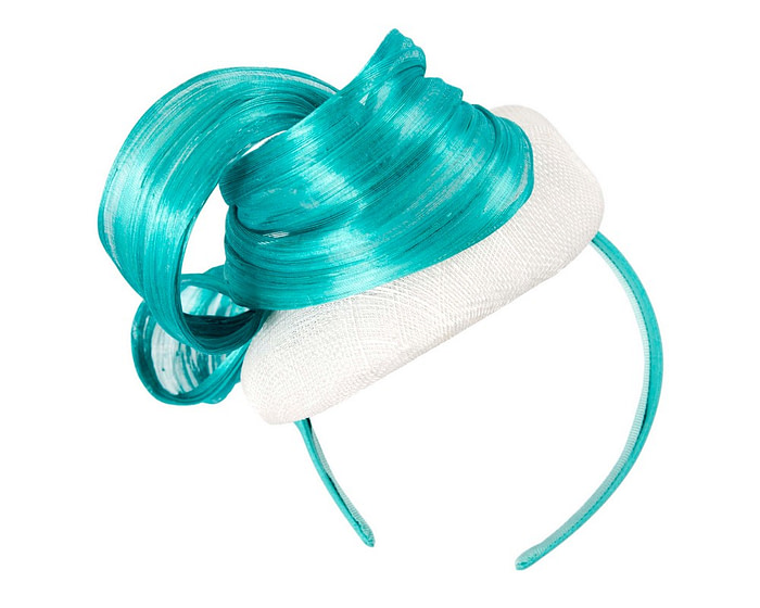 White pillbox fascinator with turquoise silk abaca bow by Fillies Collection - Hats From OZ