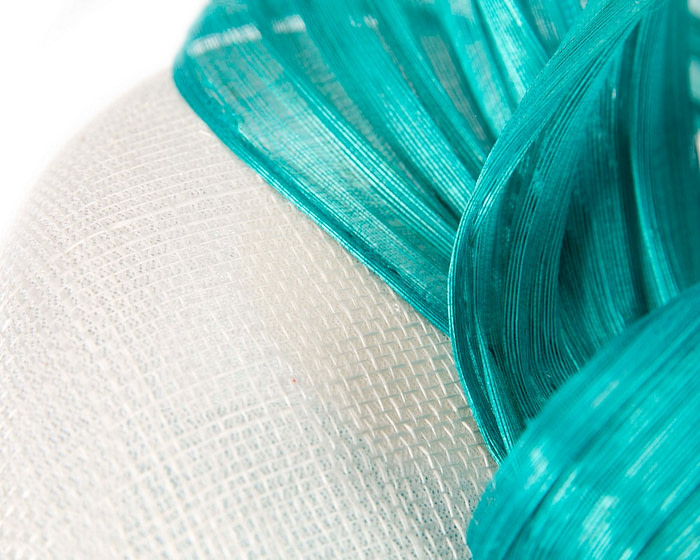 White pillbox fascinator with turquoise silk abaca bow by Fillies Collection - Hats From OZ