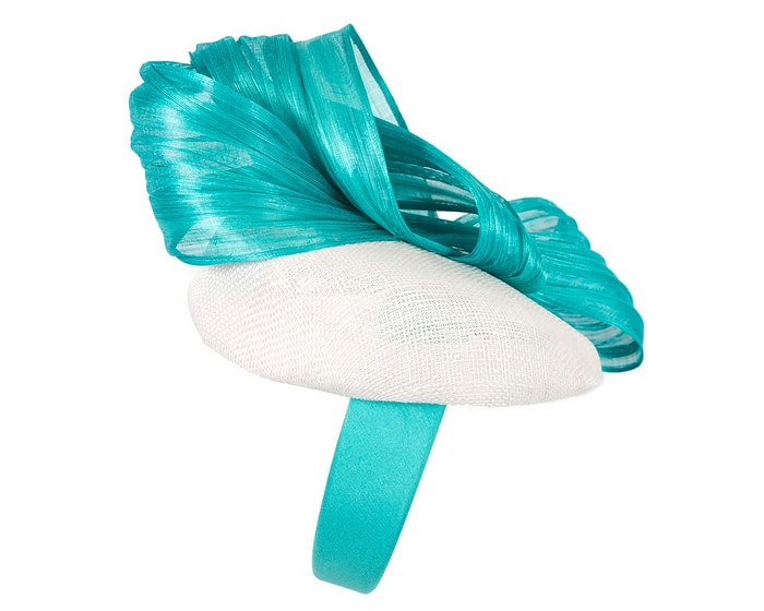 White pillbox fascinator with turquoise silk abaca bow by Fillies Collection - Hats From OZ