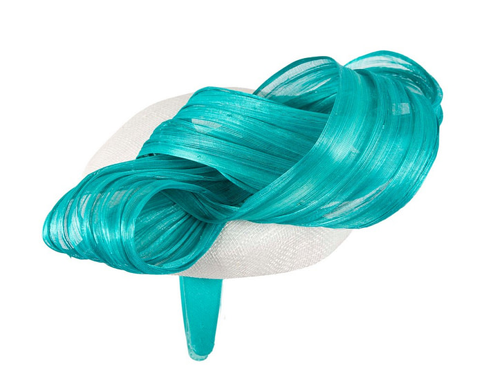 White pillbox fascinator with turquoise silk abaca bow by Fillies Collection - Hats From OZ